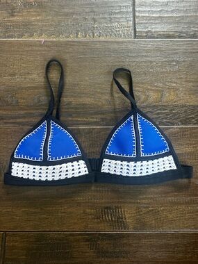 Blue and White Crochet Trim Bikini Top - Women's Swim